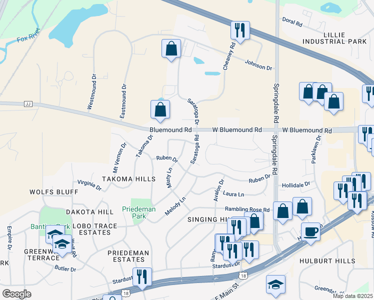 map of restaurants, bars, coffee shops, grocery stores, and more near 2415 Misty Lane in Waukesha