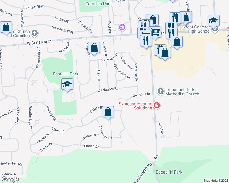 map of restaurants, bars, coffee shops, grocery stores, and more near 117 Blackmore Rd in Camillus