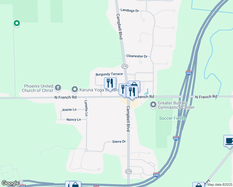 map of restaurants, bars, coffee shops, grocery stores, and more near 1478 North French Road in Buffalo
