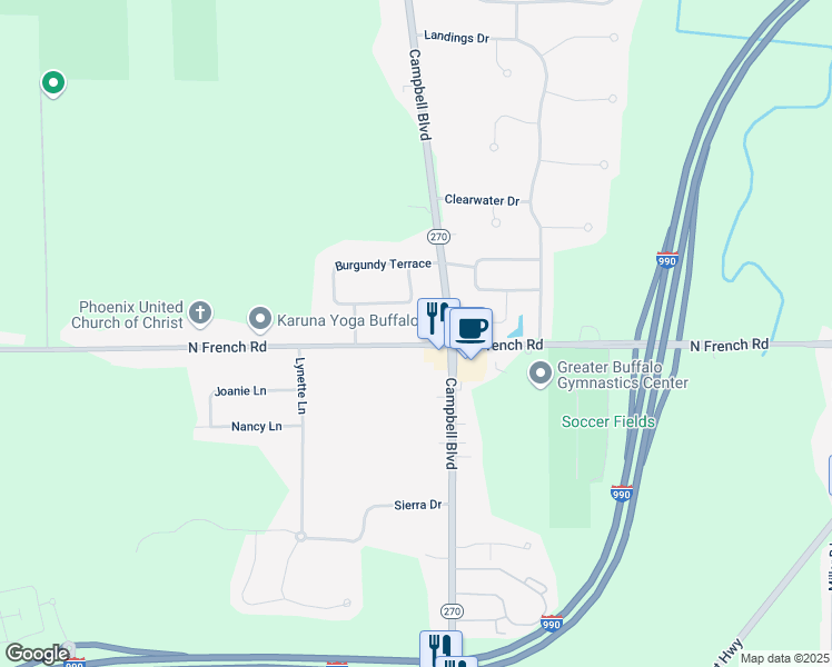 map of restaurants, bars, coffee shops, grocery stores, and more near 1478 North French Road in Buffalo