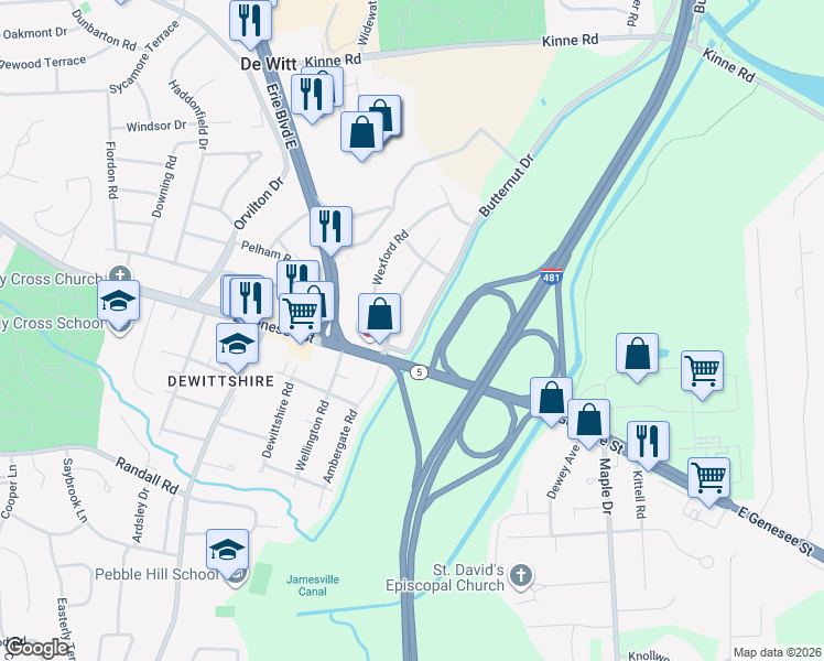 map of restaurants, bars, coffee shops, grocery stores, and more near 107 Butternut Drive in Syracuse