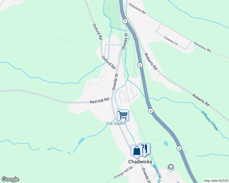 map of restaurants, bars, coffee shops, grocery stores, and more near 3562 Oneida Street in New Hartford