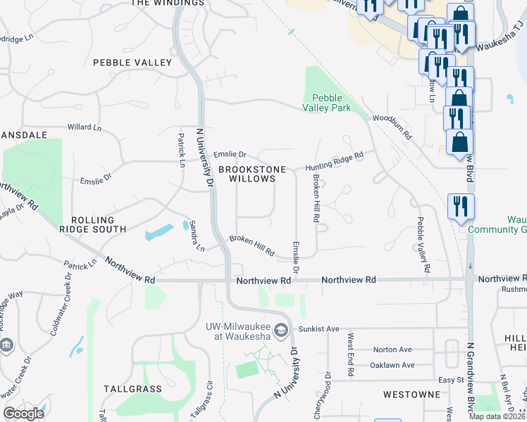 map of restaurants, bars, coffee shops, grocery stores, and more near 2312 Tamarack Lane in Waukesha