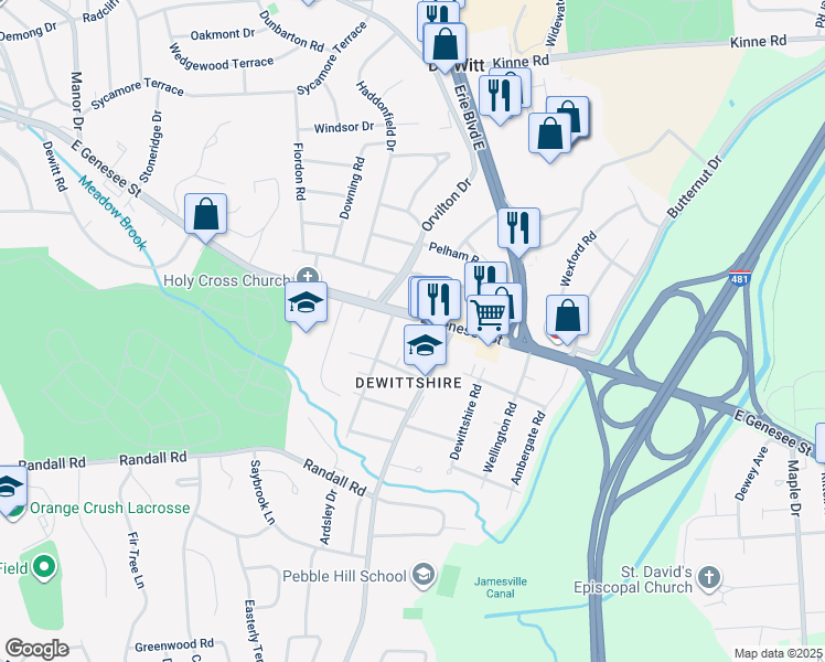 map of restaurants, bars, coffee shops, grocery stores, and more near 4304 East Genesee Street in Syracuse