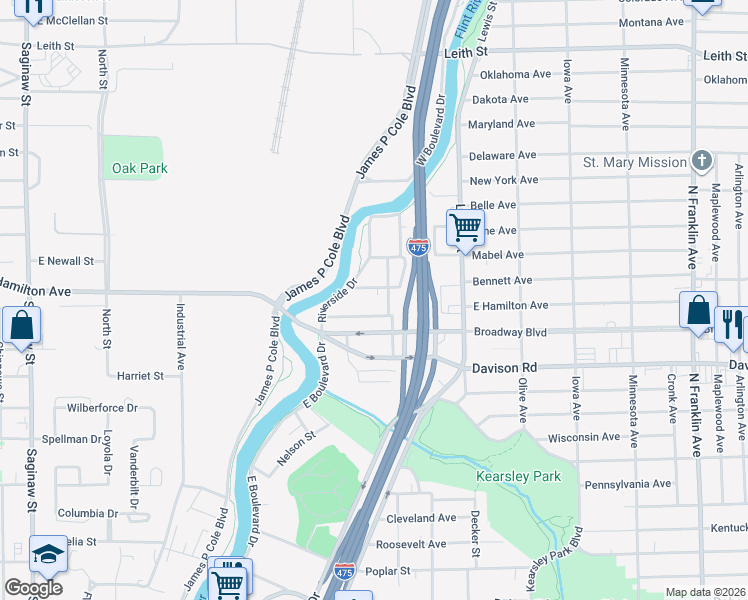 map of restaurants, bars, coffee shops, grocery stores, and more near 2115 Bennett Court in Flint