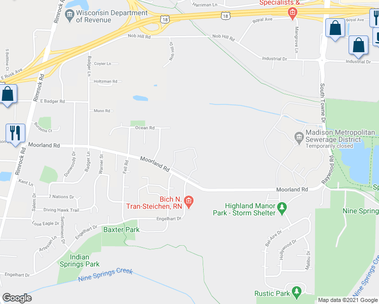 map of restaurants, bars, coffee shops, grocery stores, and more near 1022 Moorland Road in Madison