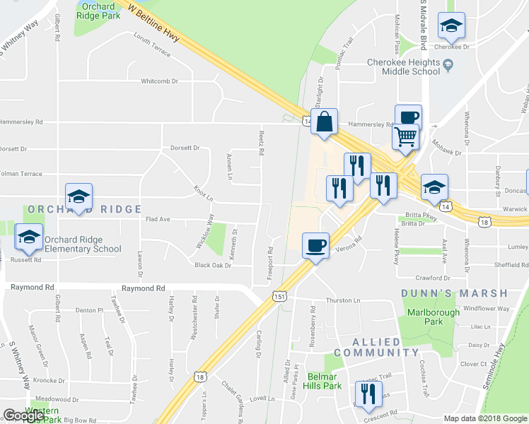 map of restaurants, bars, coffee shops, grocery stores, and more near 1609 Reetz Road in Madison