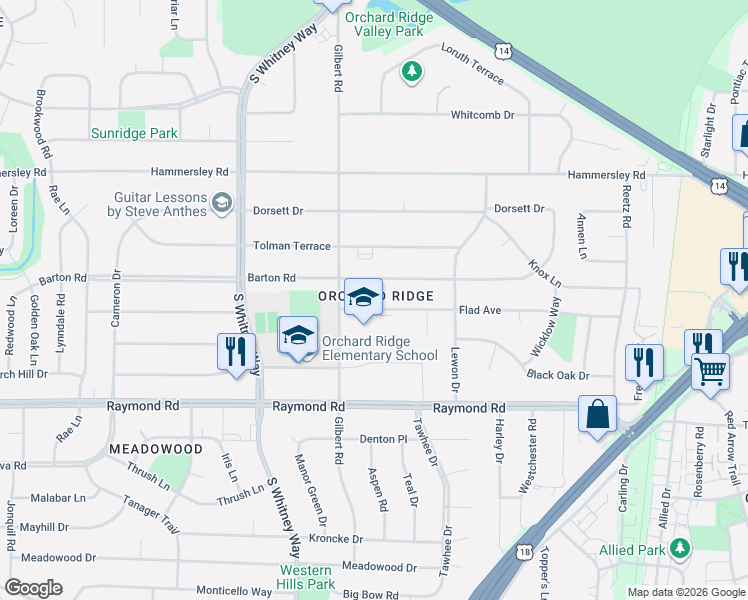 map of restaurants, bars, coffee shops, grocery stores, and more near 5402 Flad Avenue in Madison