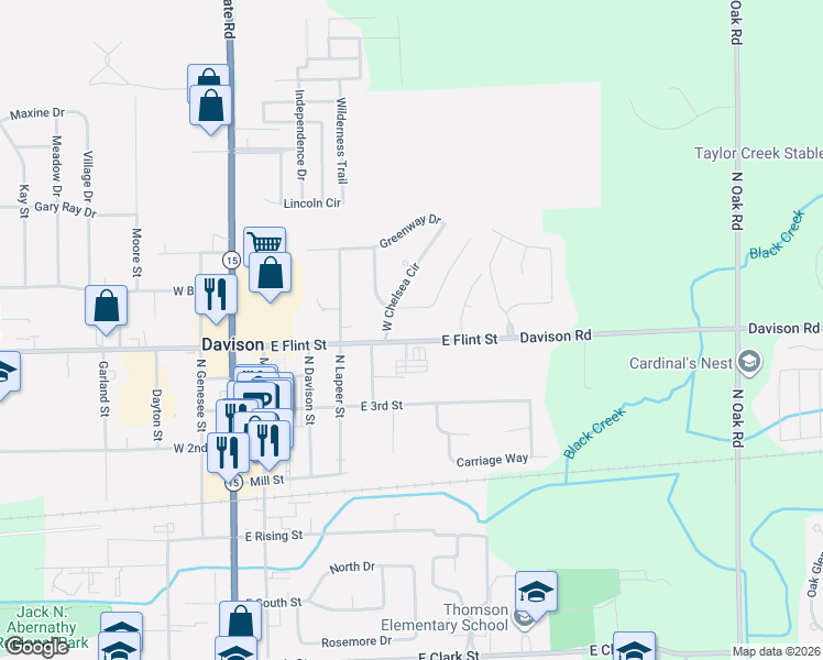 map of restaurants, bars, coffee shops, grocery stores, and more near 517 East Flint Street in Davison