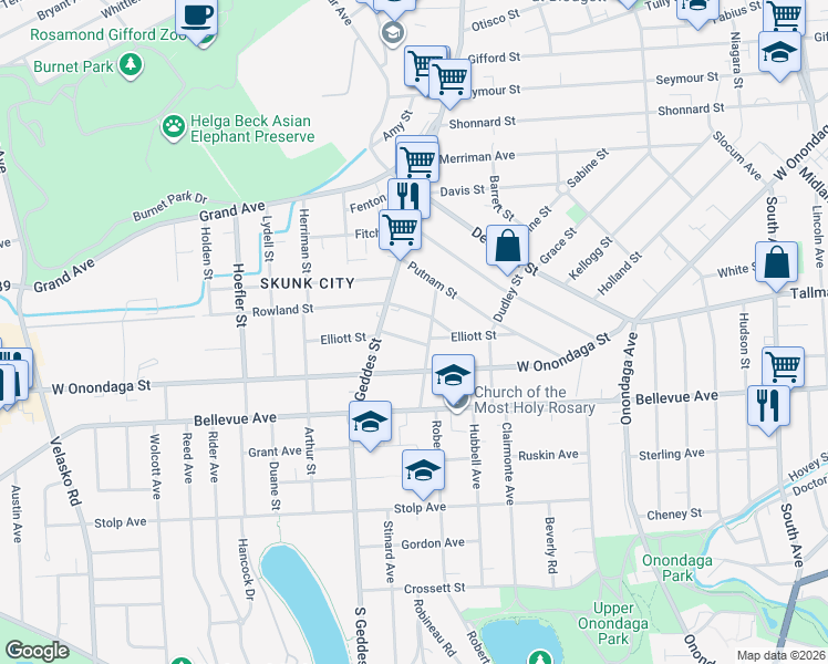 map of restaurants, bars, coffee shops, grocery stores, and more near 306 Elliott Street in Syracuse