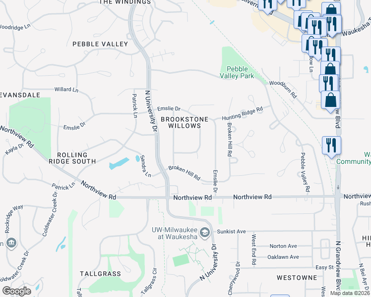 map of restaurants, bars, coffee shops, grocery stores, and more near 2312 Tamarack Ln in Waukesha
