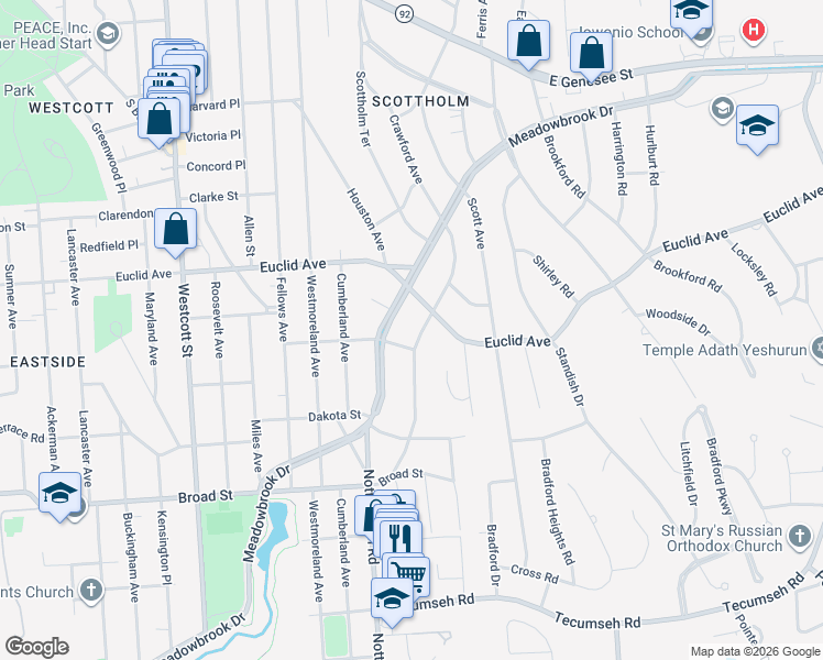 map of restaurants, bars, coffee shops, grocery stores, and more near 608 Crawford Avenue in Syracuse