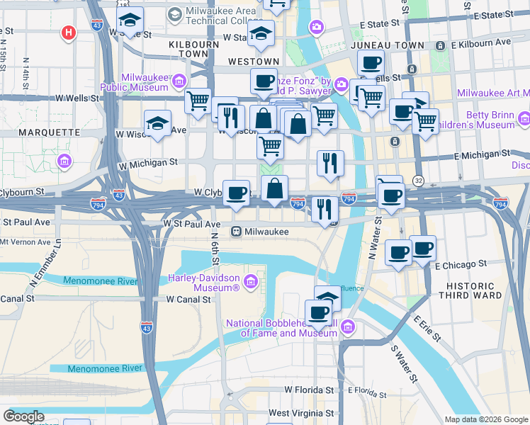 map of restaurants, bars, coffee shops, grocery stores, and more near 346 West Saint Paul Avenue in Milwaukee