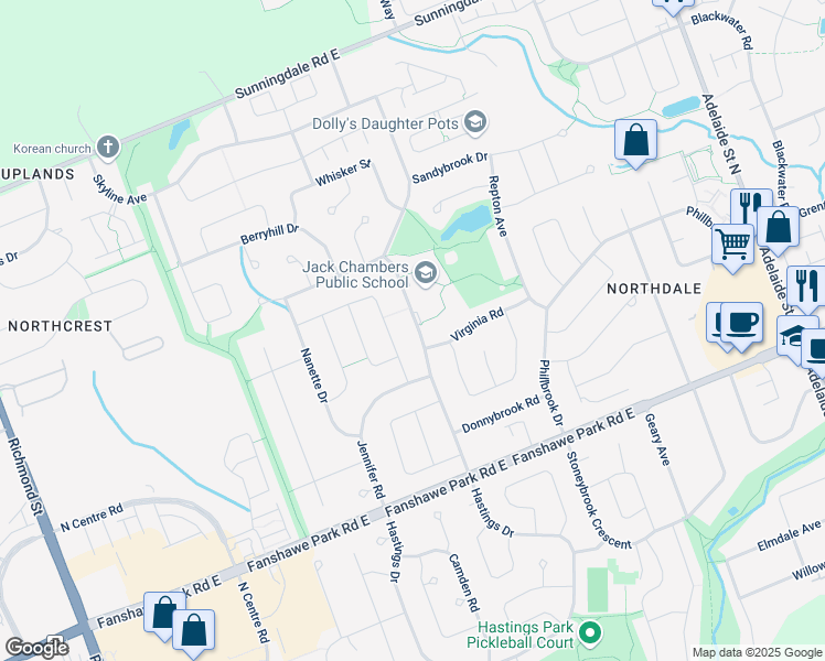 map of restaurants, bars, coffee shops, grocery stores, and more near 1629 Hastings Drive in London
