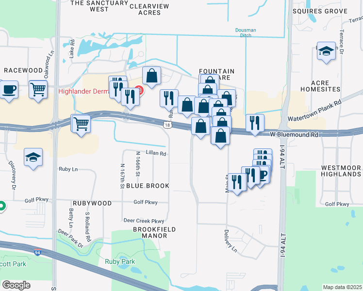 map of restaurants, bars, coffee shops, grocery stores, and more near 401 North Executive Drive in Brookfield