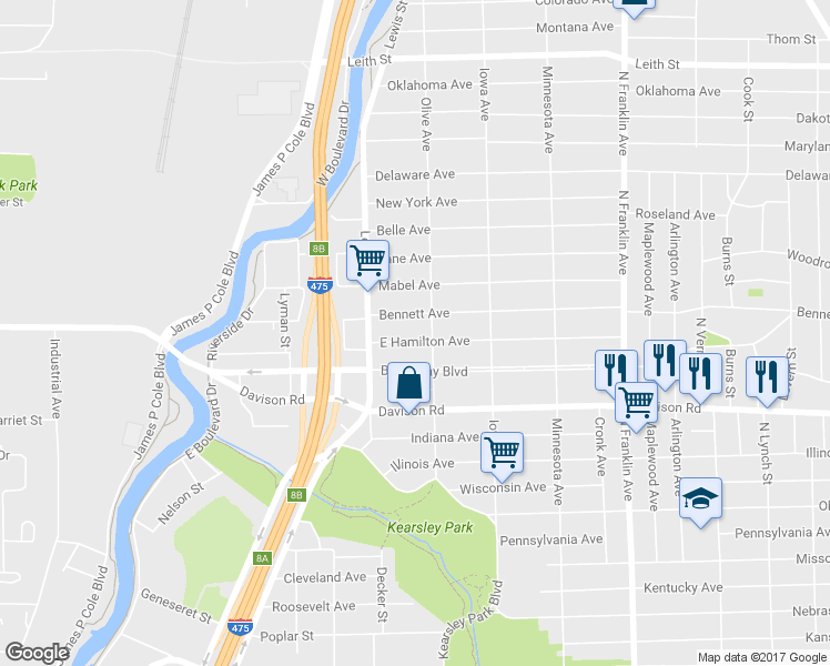 map of restaurants, bars, coffee shops, grocery stores, and more near 1443 East Hamilton Avenue in Flint