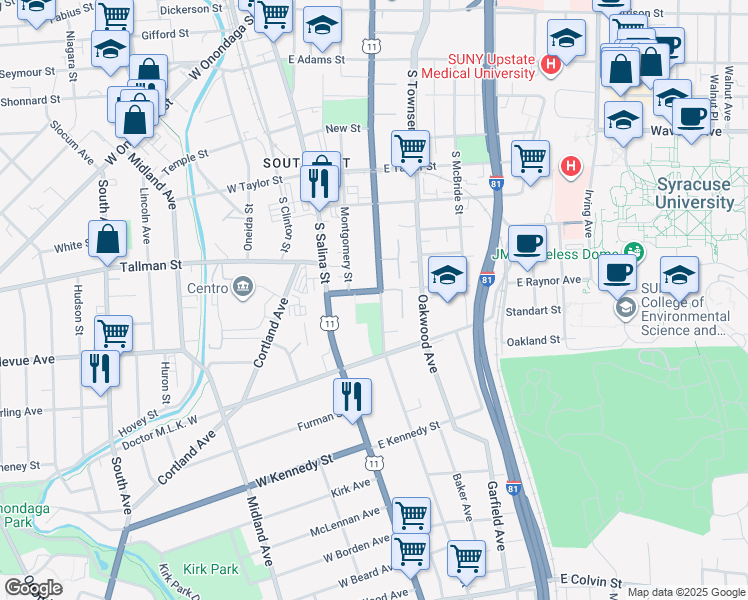 map of restaurants, bars, coffee shops, grocery stores, and more near 1300 South State Street in Syracuse
