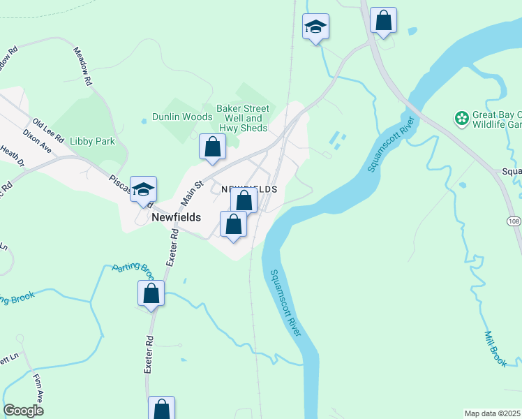map of restaurants, bars, coffee shops, grocery stores, and more near 34 Railroad Avenue in Newfields