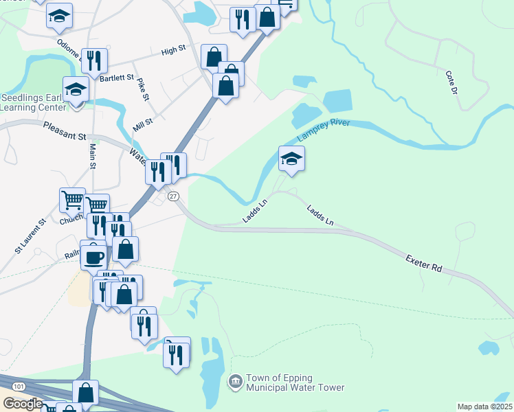 map of restaurants, bars, coffee shops, grocery stores, and more near 28 Ladds Lane in Epping