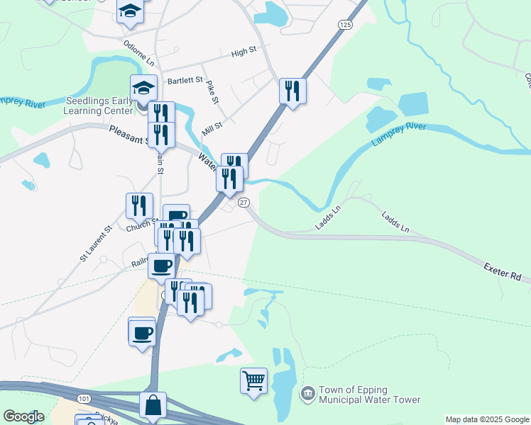 map of restaurants, bars, coffee shops, grocery stores, and more near 38 Exeter Road in Epping