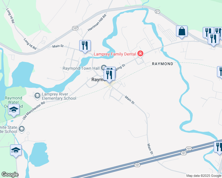 map of restaurants, bars, coffee shops, grocery stores, and more near 1 Orchard Street in Raymond