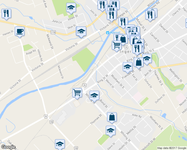 map of restaurants, bars, coffee shops, grocery stores, and more near 221 Charles Street West in Ingersoll