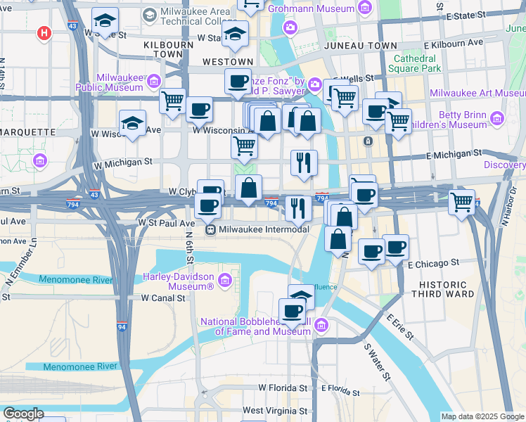 map of restaurants, bars, coffee shops, grocery stores, and more near 413 North 2nd Street in Milwaukee