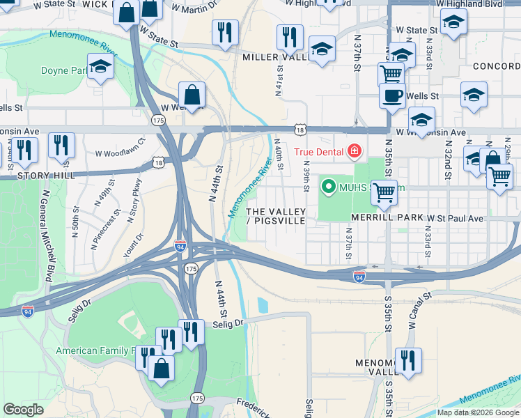 map of restaurants, bars, coffee shops, grocery stores, and more near 4124 West Saint Paul Avenue in Milwaukee