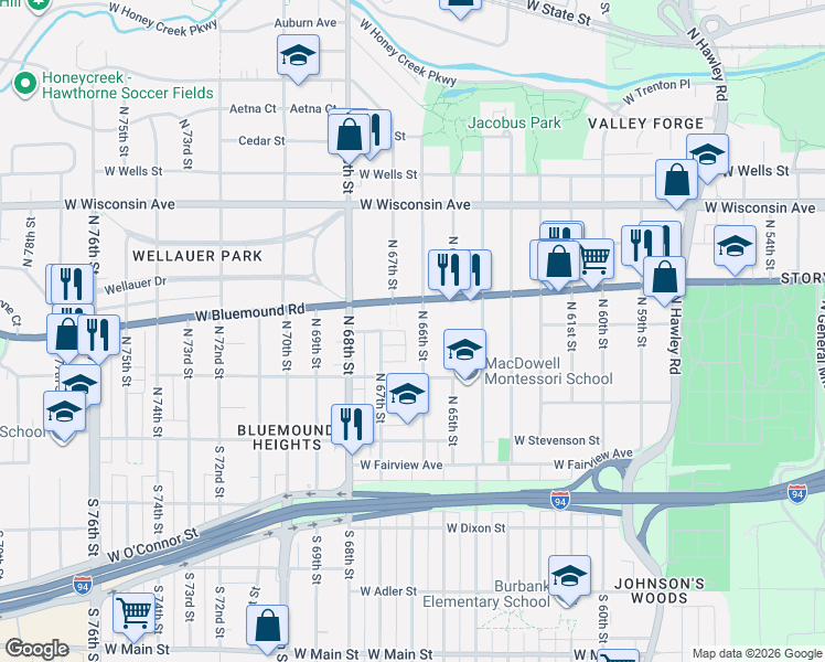 map of restaurants, bars, coffee shops, grocery stores, and more near 351 North 66th Street in Milwaukee