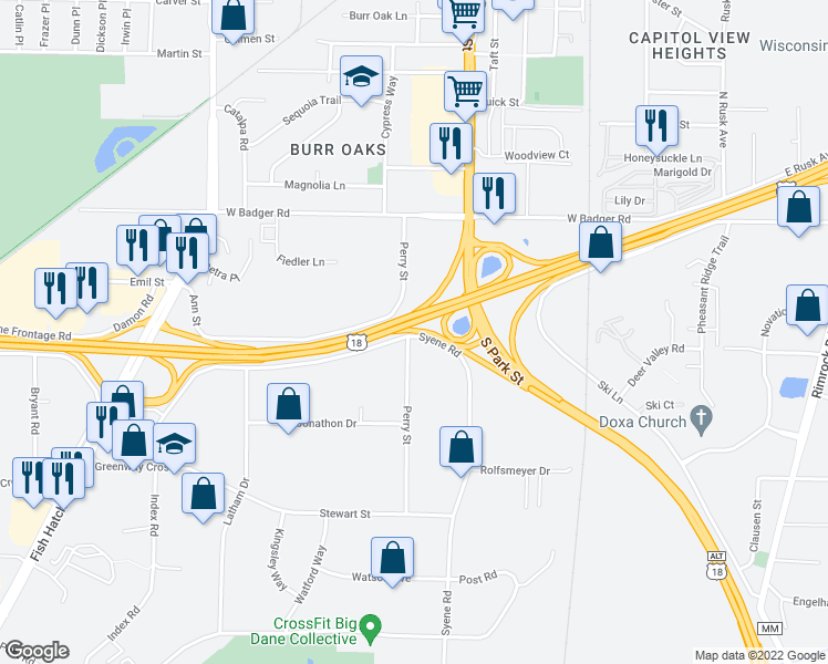 map of restaurants, bars, coffee shops, grocery stores, and more near 1300 Post Road in Fitchburg