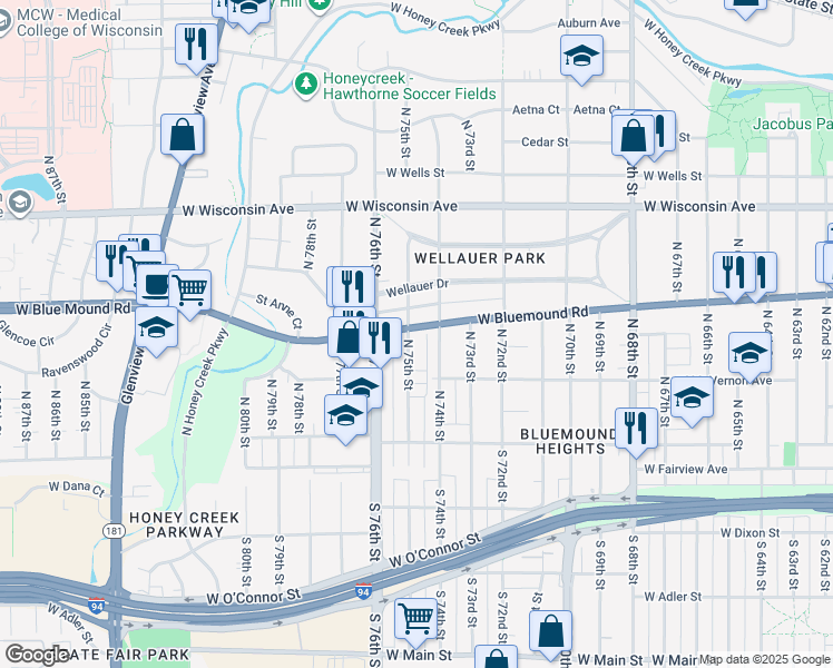 map of restaurants, bars, coffee shops, grocery stores, and more near 414 North 75th Street in Milwaukee