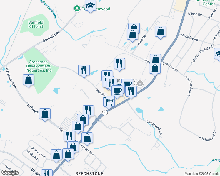 map of restaurants, bars, coffee shops, grocery stores, and more near 70 Constitution Avenue in Portsmouth