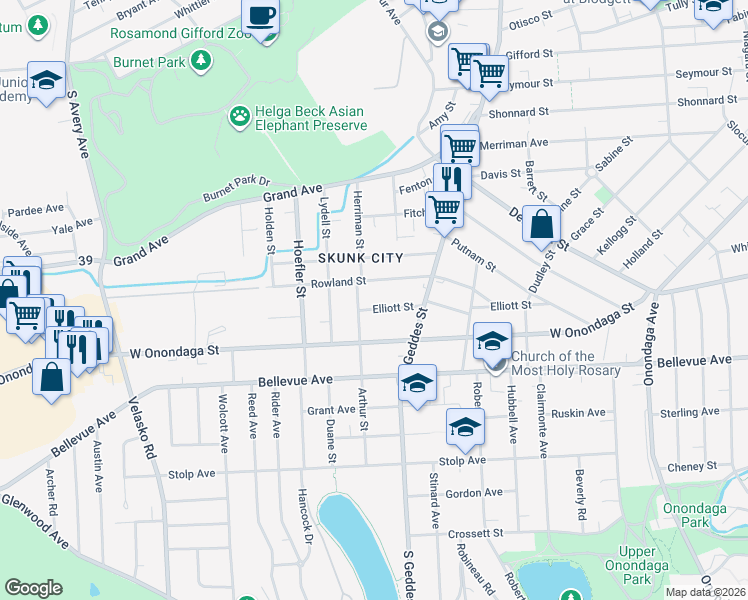 map of restaurants, bars, coffee shops, grocery stores, and more near 420 Elliott Street in Syracuse