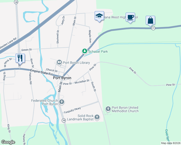 map of restaurants, bars, coffee shops, grocery stores, and more near 72 South Street in Port Byron