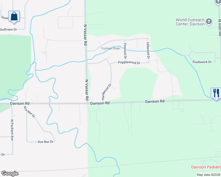 map of restaurants, bars, coffee shops, grocery stores, and more near 2072 Hardwood Circle in Davison