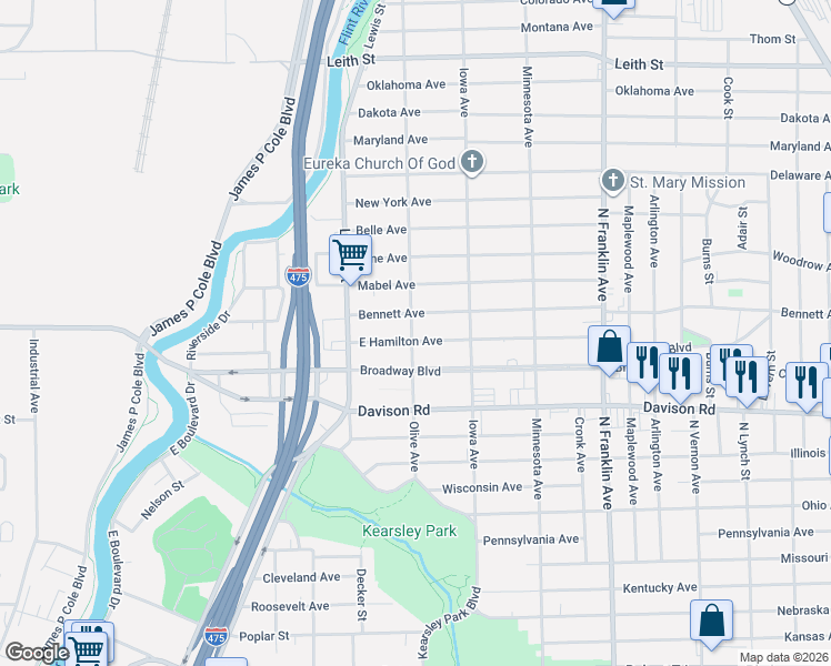 map of restaurants, bars, coffee shops, grocery stores, and more near 1443 East Hamilton Avenue in Flint