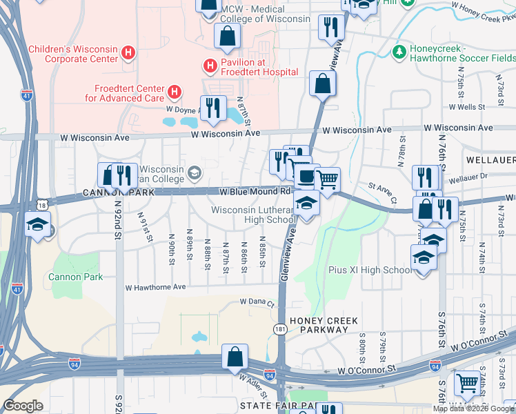 map of restaurants, bars, coffee shops, grocery stores, and more near 8454 Ravenswood Circle in Wauwatosa