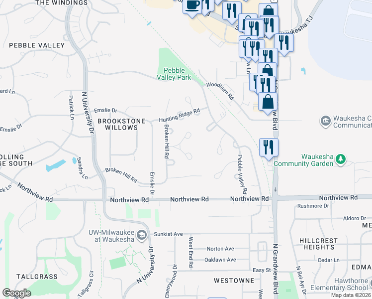 map of restaurants, bars, coffee shops, grocery stores, and more near 2309 Ramshead Court in Waukesha