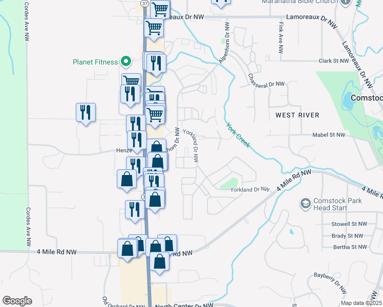 map of restaurants, bars, coffee shops, grocery stores, and more near 3905 Yorkland Drive Northwest in Comstock Park