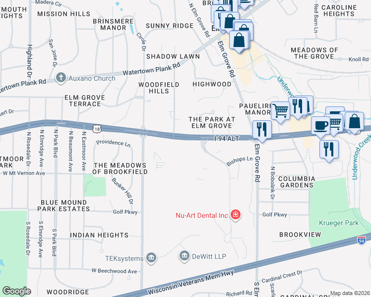 map of restaurants, bars, coffee shops, grocery stores, and more near 405 Bishops Way in Brookfield