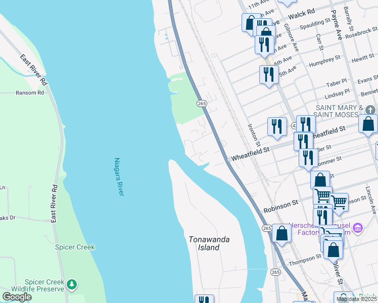 map of restaurants, bars, coffee shops, grocery stores, and more near 624 River Road in North Tonawanda