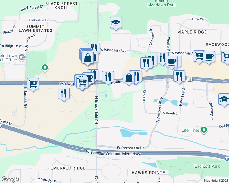 map of restaurants, bars, coffee shops, grocery stores, and more near 18615 West Bluemound Road in Brookfield