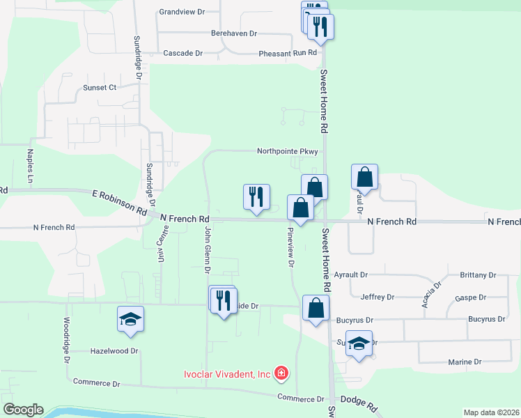 map of restaurants, bars, coffee shops, grocery stores, and more near 550 North French Road in Buffalo