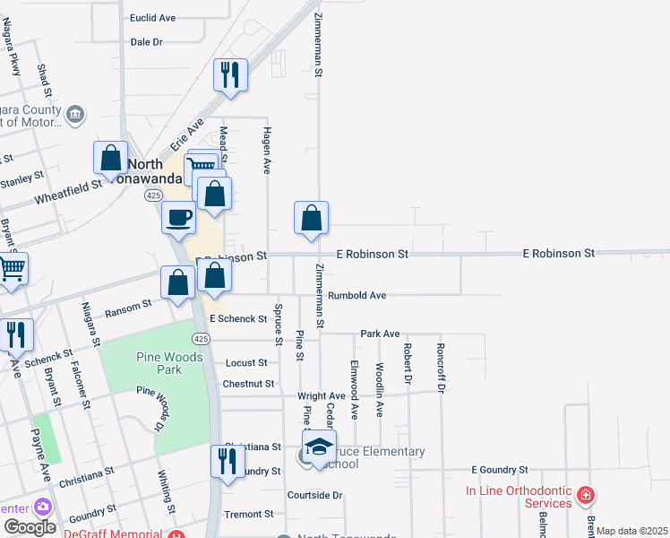 map of restaurants, bars, coffee shops, grocery stores, and more near 158 Madison Avenue in North Tonawanda