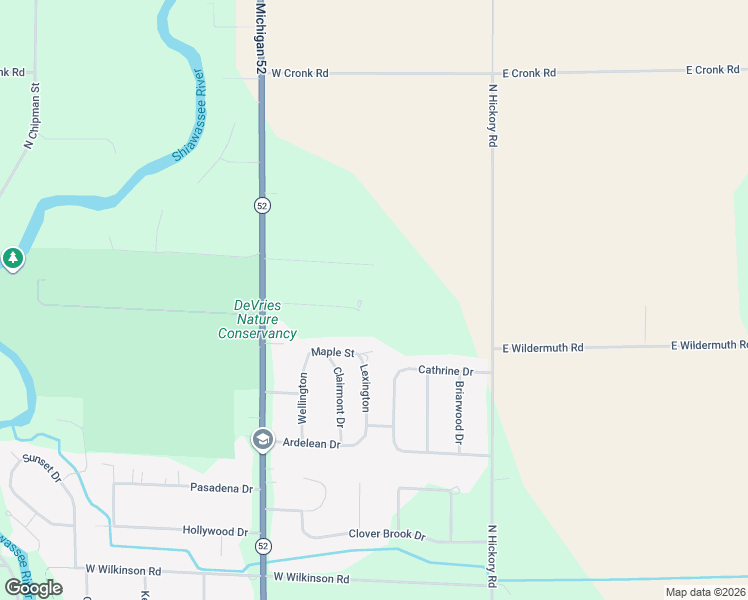 map of restaurants, bars, coffee shops, grocery stores, and more near West Wildwood Drive in Owosso