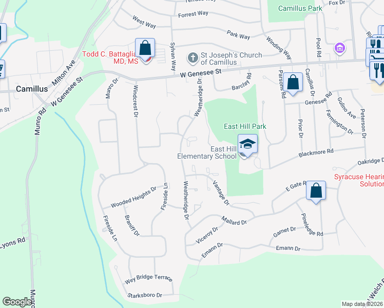 map of restaurants, bars, coffee shops, grocery stores, and more near 301 Weatheridge Drive in Camillus