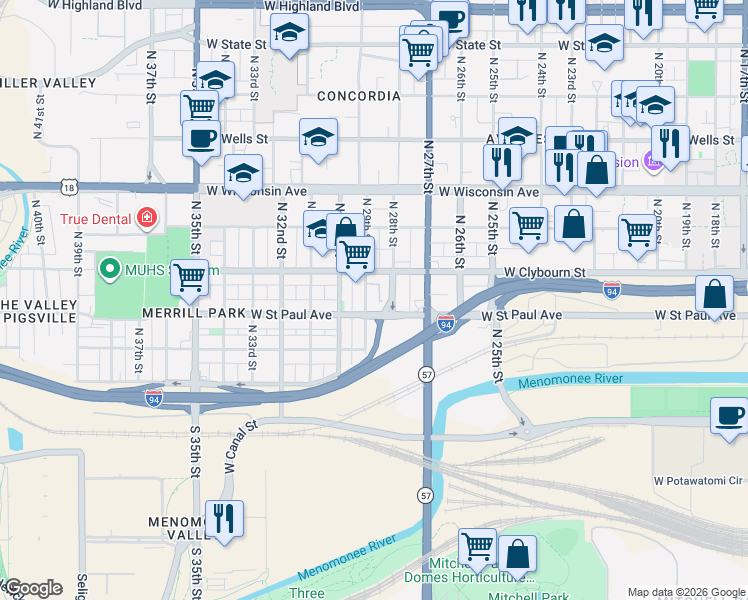 map of restaurants, bars, coffee shops, grocery stores, and more near 416 North 29th Street in Milwaukee