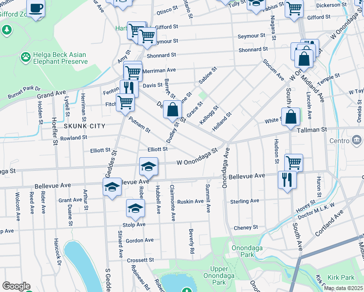 map of restaurants, bars, coffee shops, grocery stores, and more near 124 Putnam Street in Syracuse