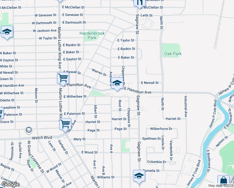 map of restaurants, bars, coffee shops, grocery stores, and more near 601 East Witherbee Street in Flint