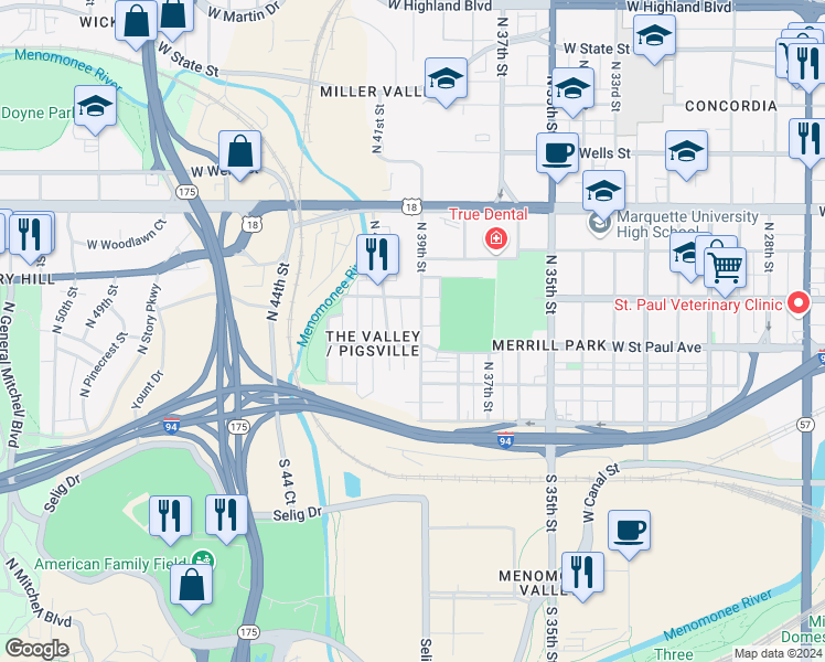 map of restaurants, bars, coffee shops, grocery stores, and more near 417 North 39th Street in Milwaukee